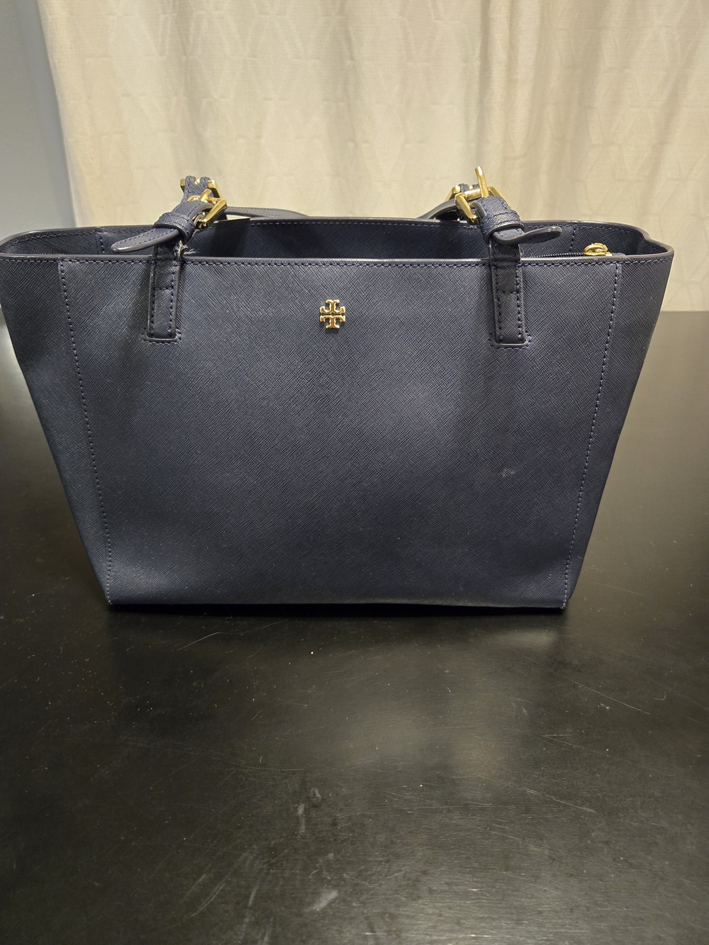 Tory Burch Navy Saffiano Leather Tote with Gold Hardware
